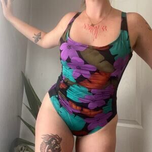 1970's Rose Marie Reid Rouched Floral Pinup Style Swimsuit